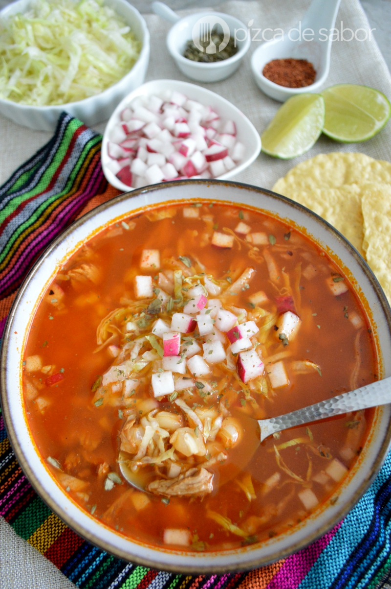 Pozole Rojo with radish and onion